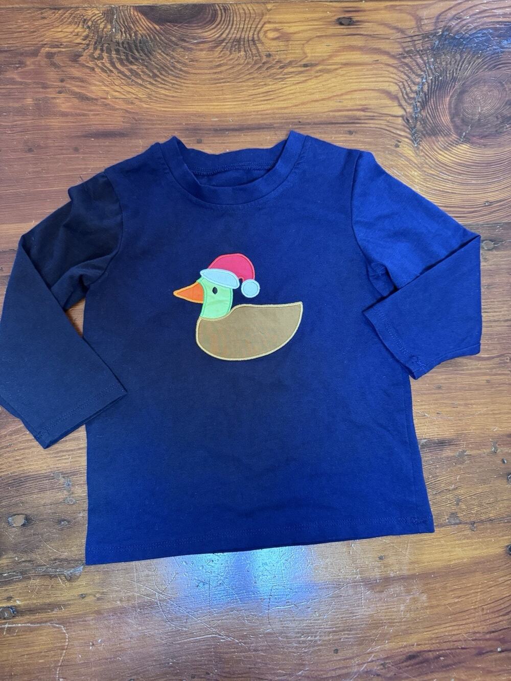 Duck Appliqué Christmas Duck Navy Blue Long Sleeve Shirt Cotton